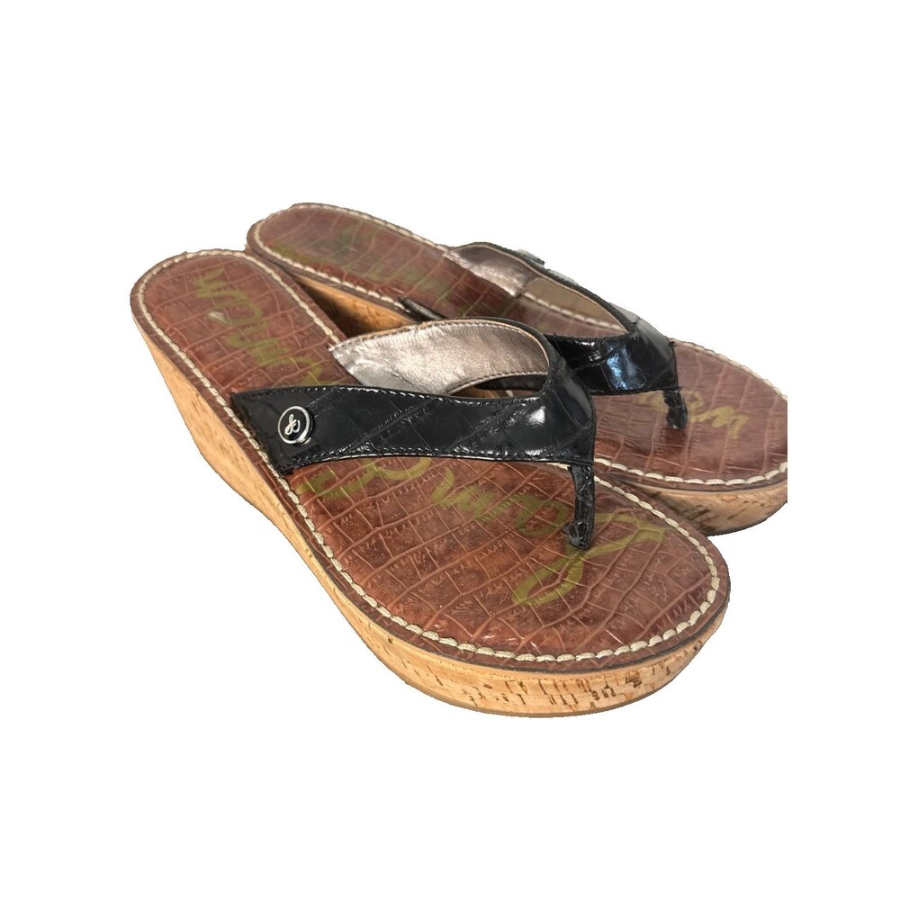 Sam Edelman Romy Cork Wedge Thong Sandals Black Patent Women's 7 M